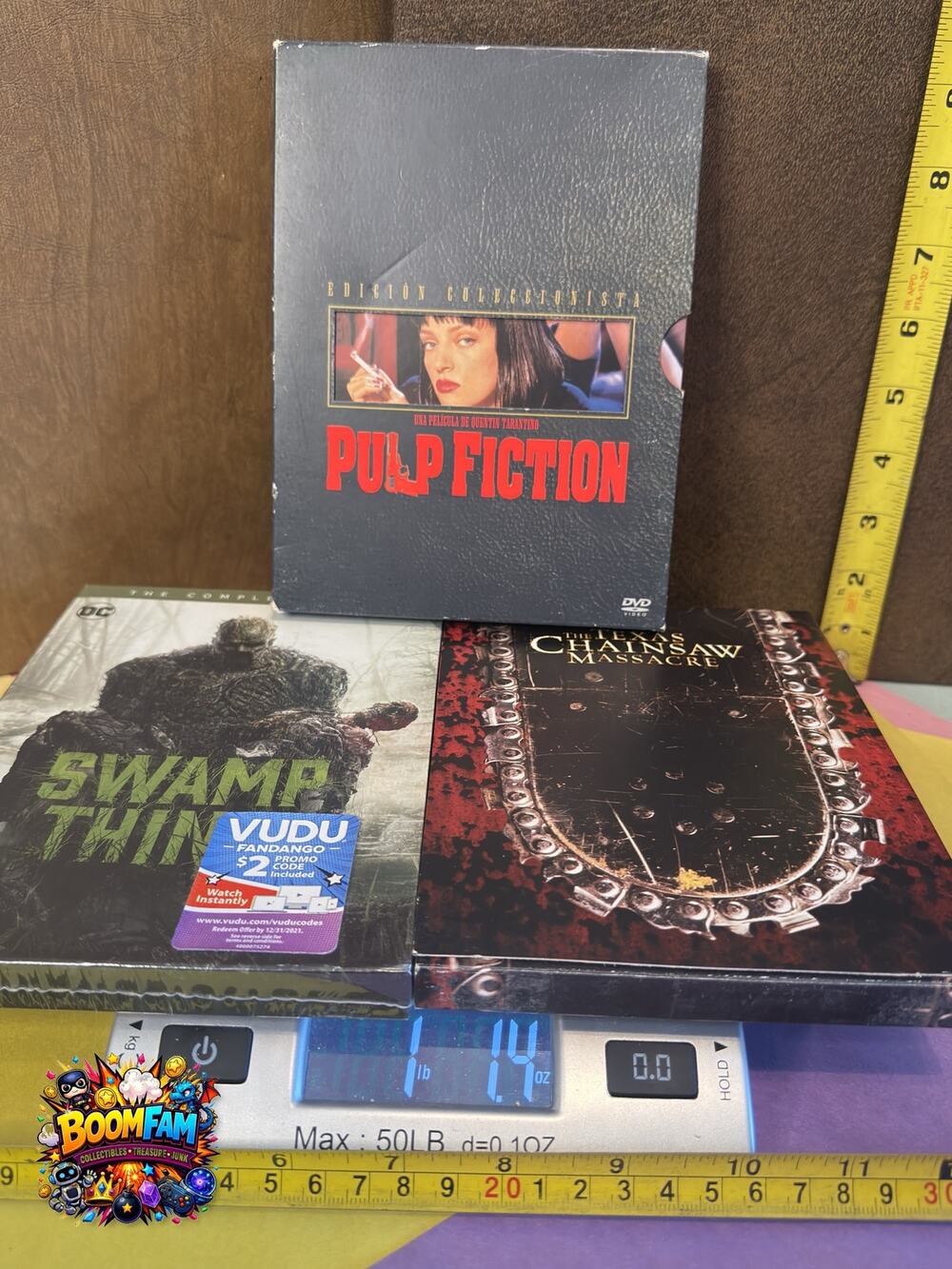 Pulp fiction[ Spanish version], swamp thing sealed and texes chainsaw masacure